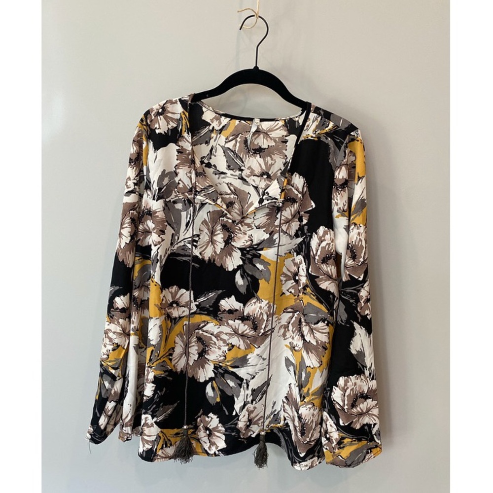 Black, White, and Yellow Floral Long-Sleeve Blouse